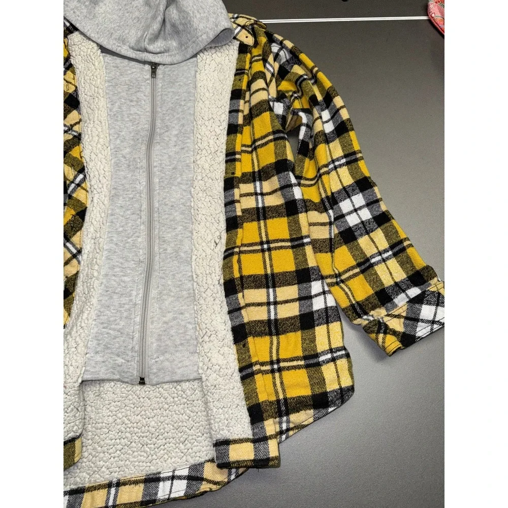 Yellow Plaid Sherpa Lined Hooded Flannel Jacket Zip Up‎ Layered Hoodie Shirt
